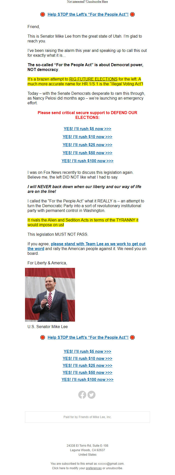 Screenshot of the email generated on import