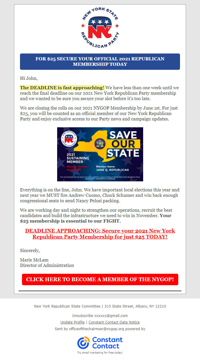 Screenshot of the email generated on import