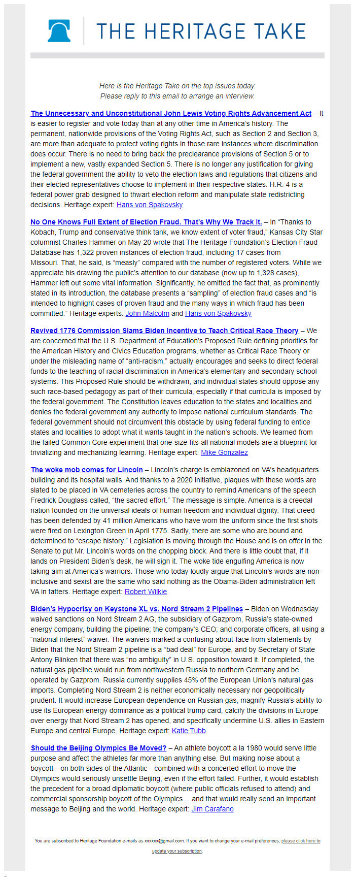 Screenshot of the email generated on import