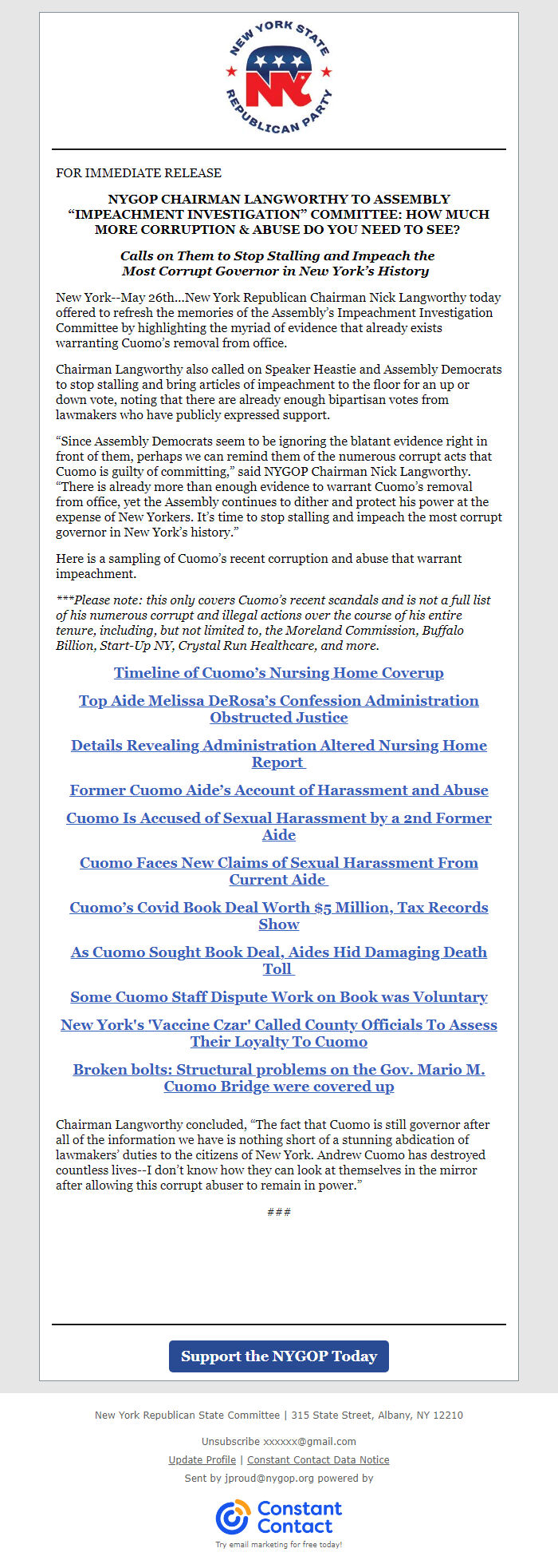 Screenshot of the email generated on import