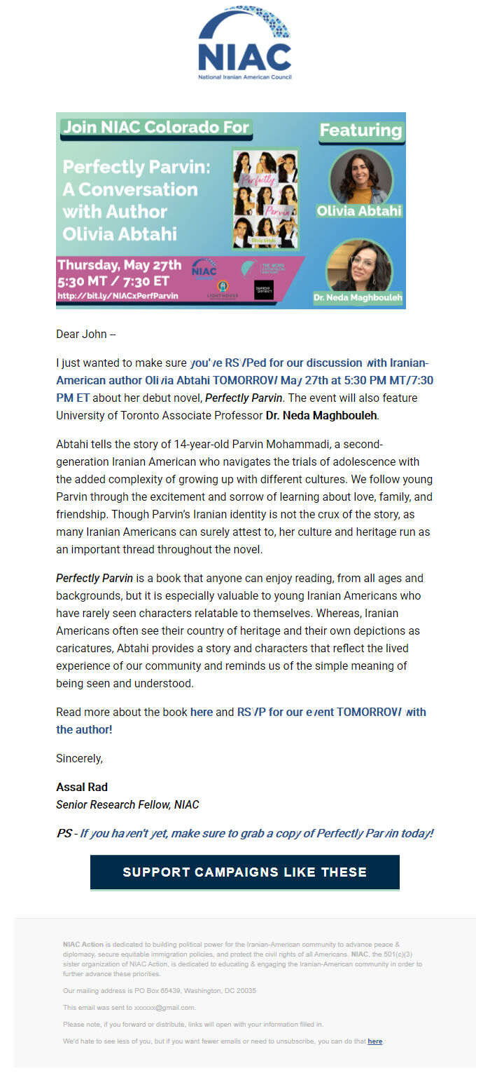 Screenshot of the email generated on import