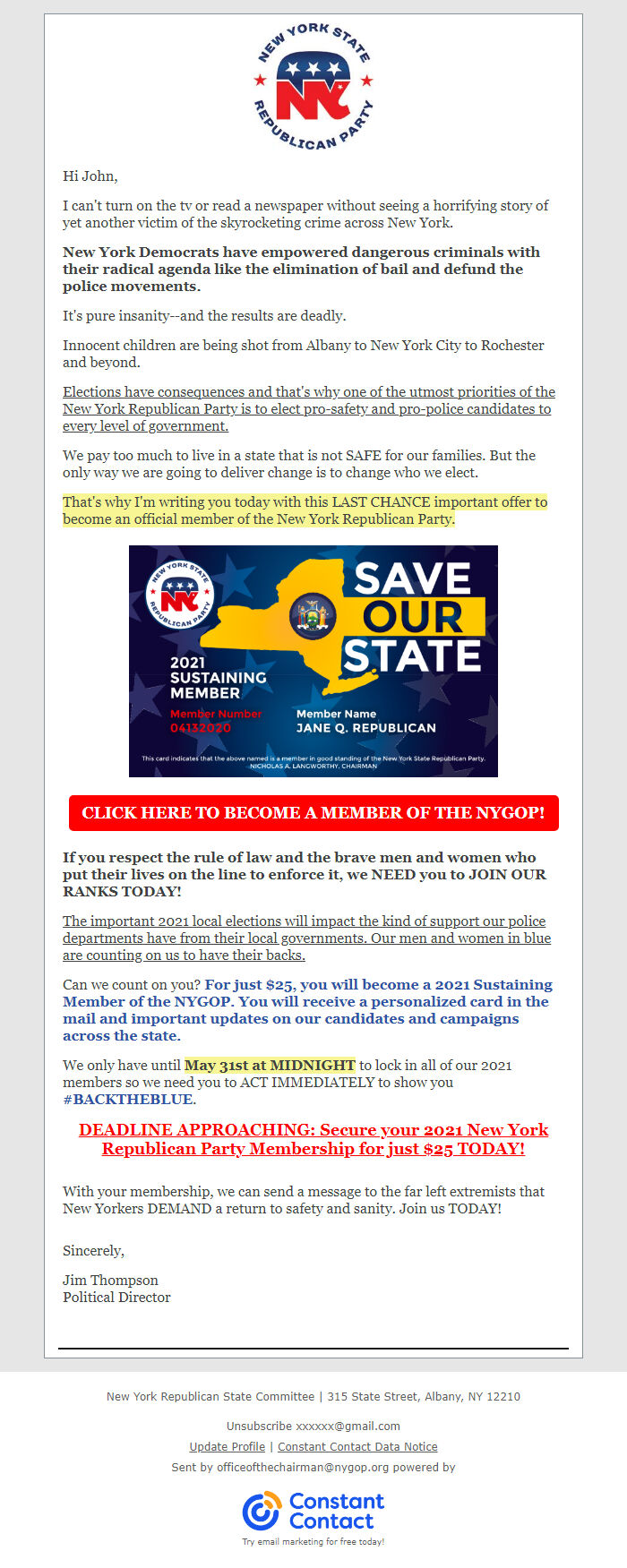 Screenshot of the email generated on import