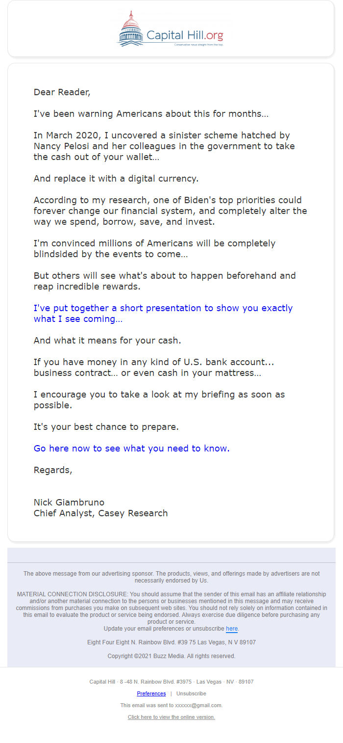 Screenshot of the email generated on import