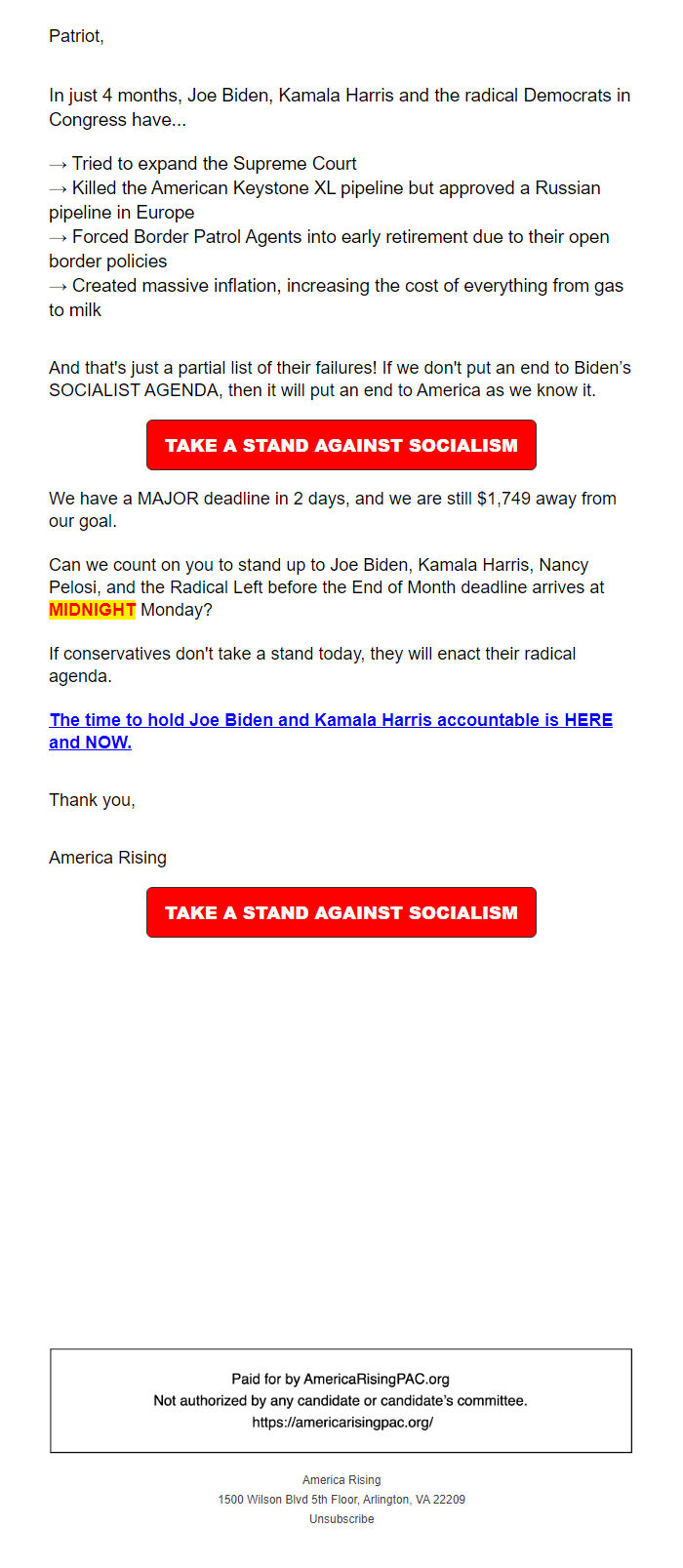Screenshot of the email generated on import