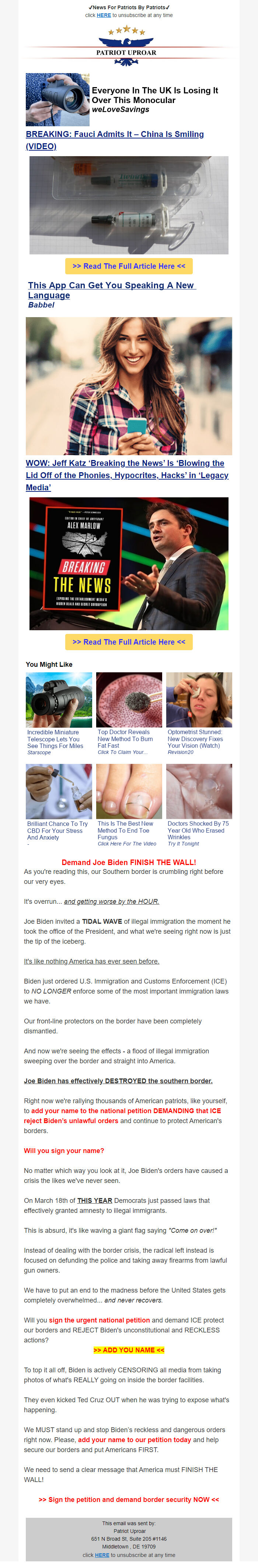 Screenshot of the email generated on import