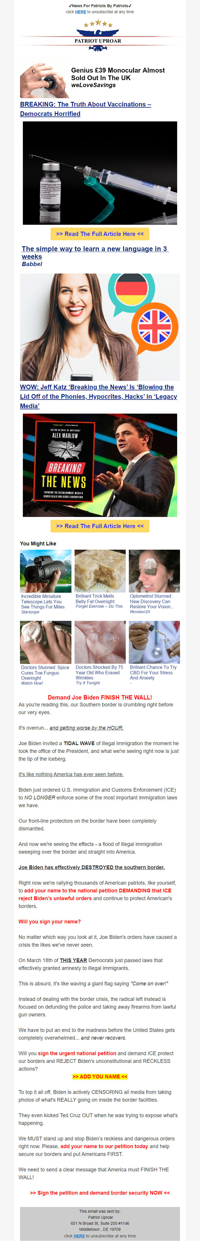 Screenshot of the email generated on import