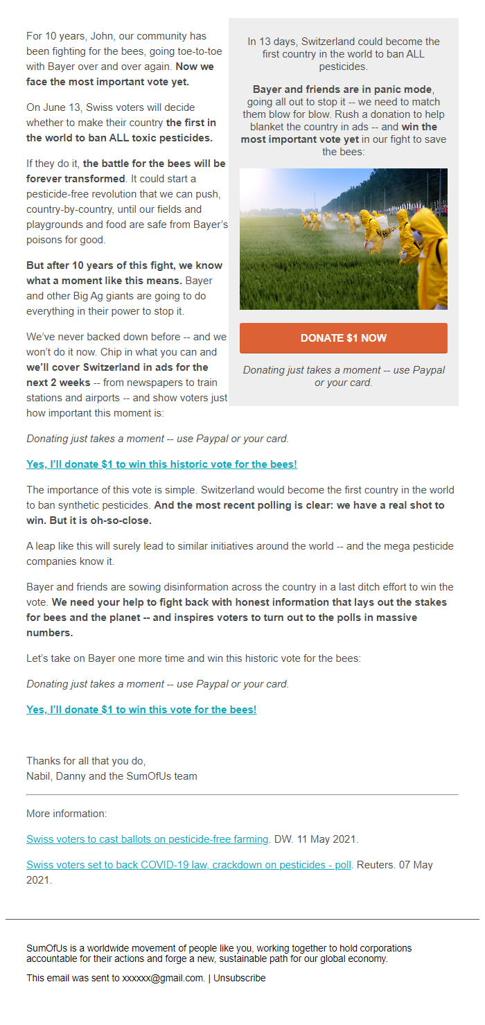 Screenshot of the email generated on import