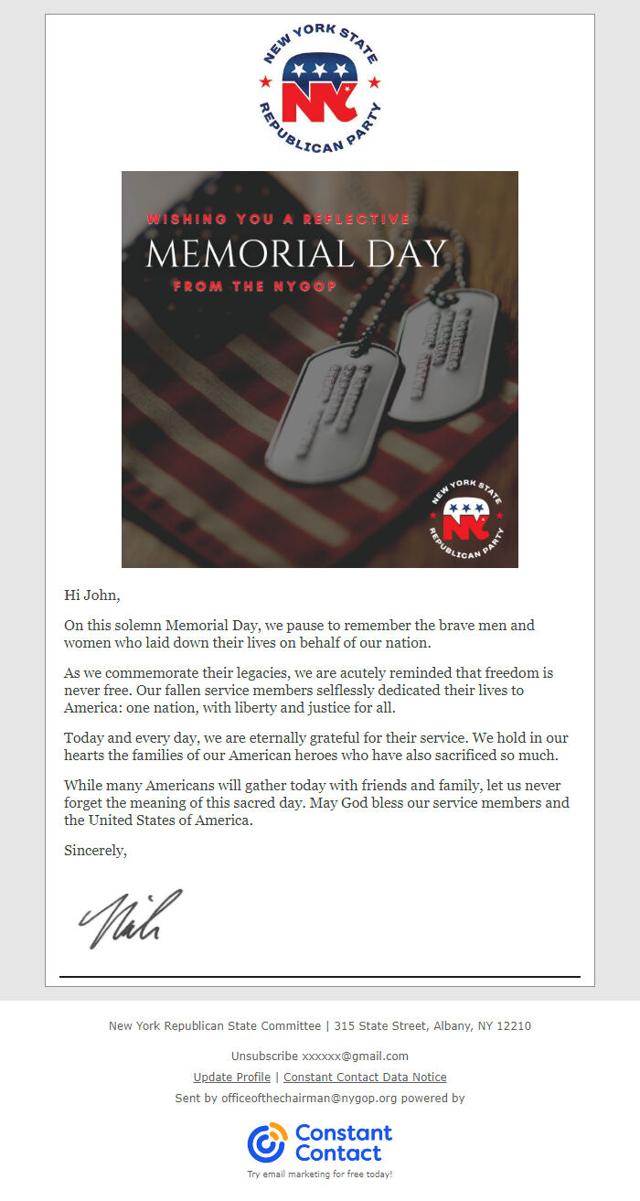 Screenshot of the email generated on import