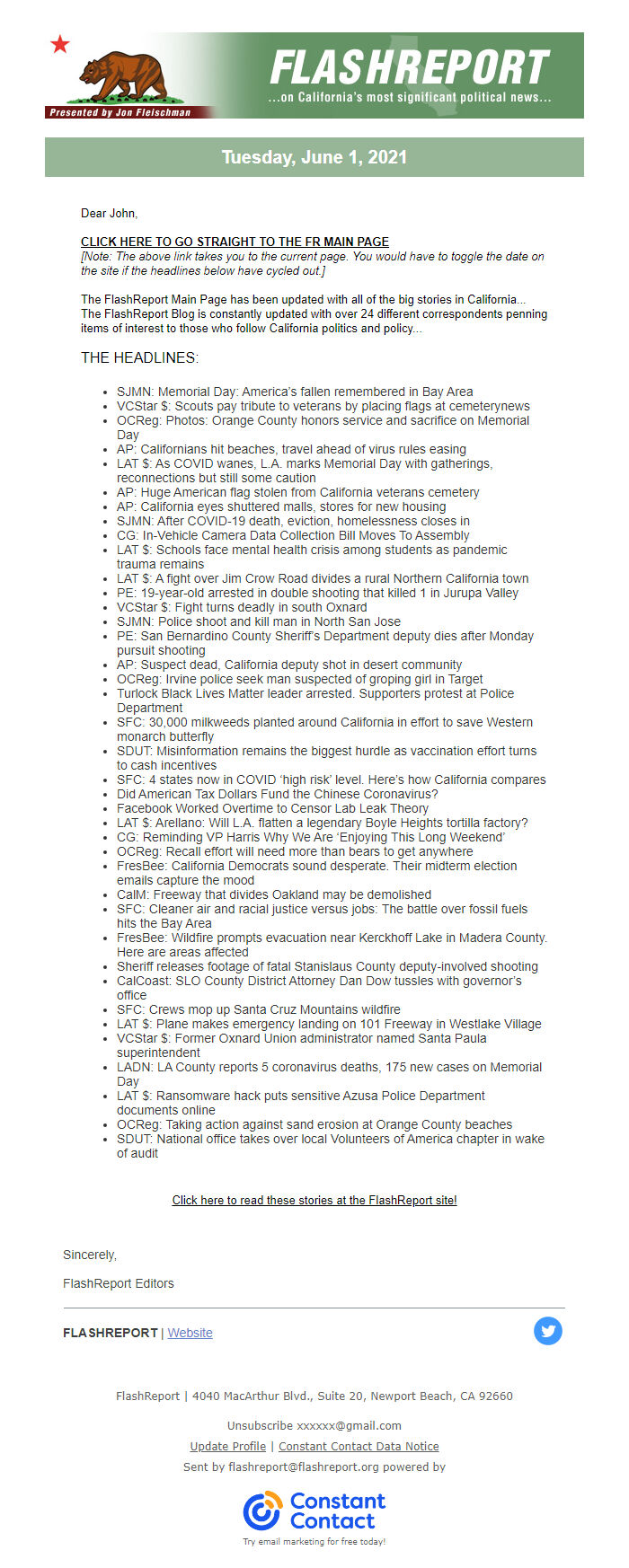 Screenshot of the email generated on import
