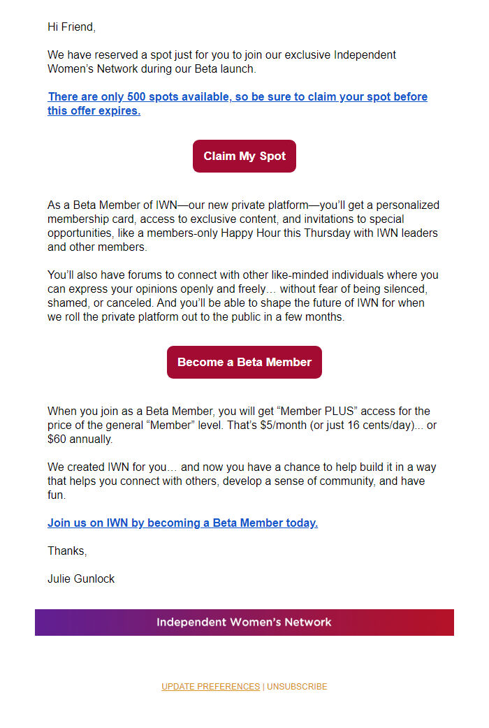 Screenshot of the email generated on import