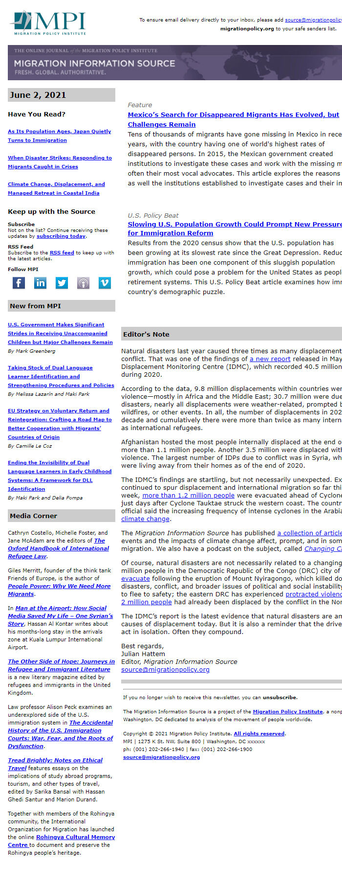 Screenshot of the email generated on import