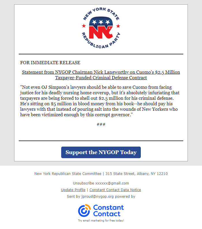 Screenshot of the email generated on import