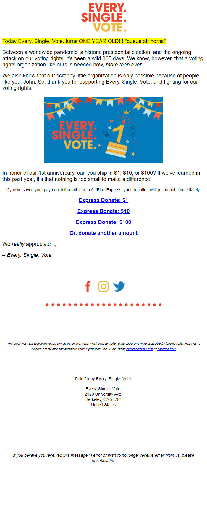 Screenshot of the email generated on import
