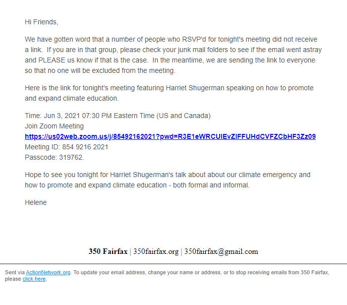 Screenshot of the email generated on import