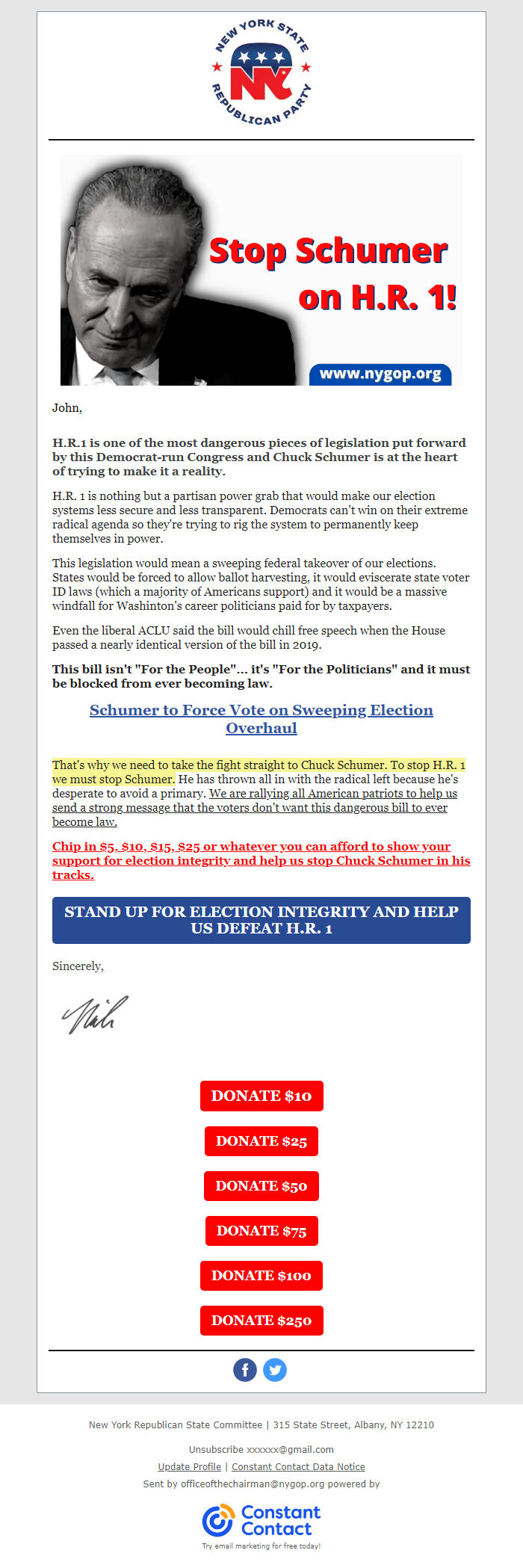 Screenshot of the email generated on import