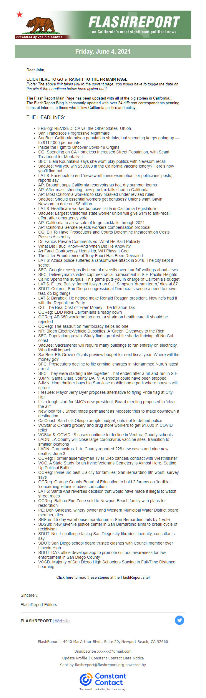 Screenshot of the email generated on import
