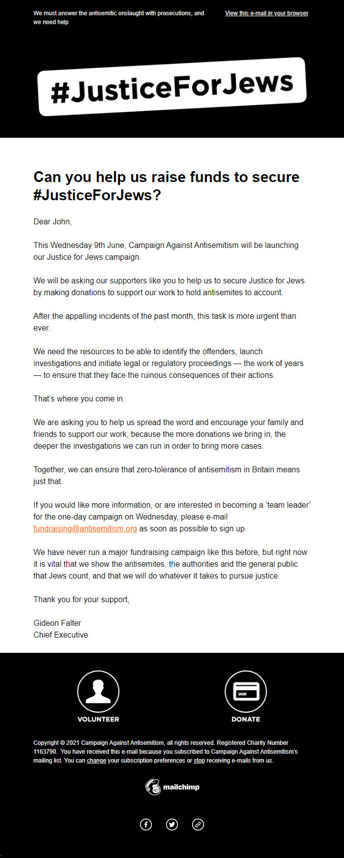Screenshot of the email generated on import