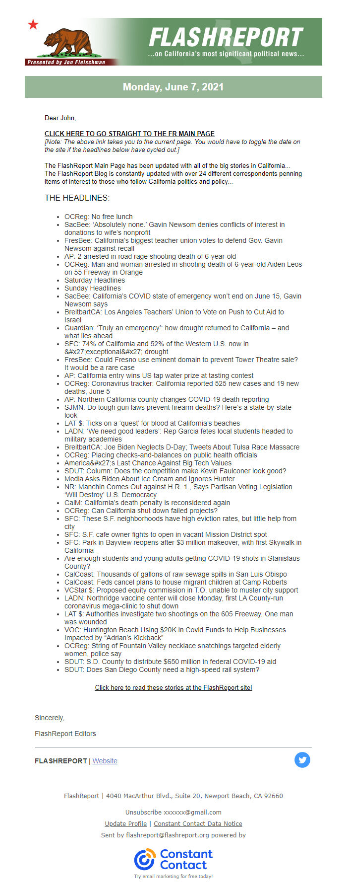 Screenshot of the email generated on import