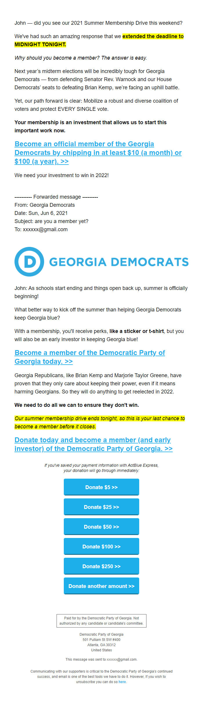 Screenshot of the email generated on import