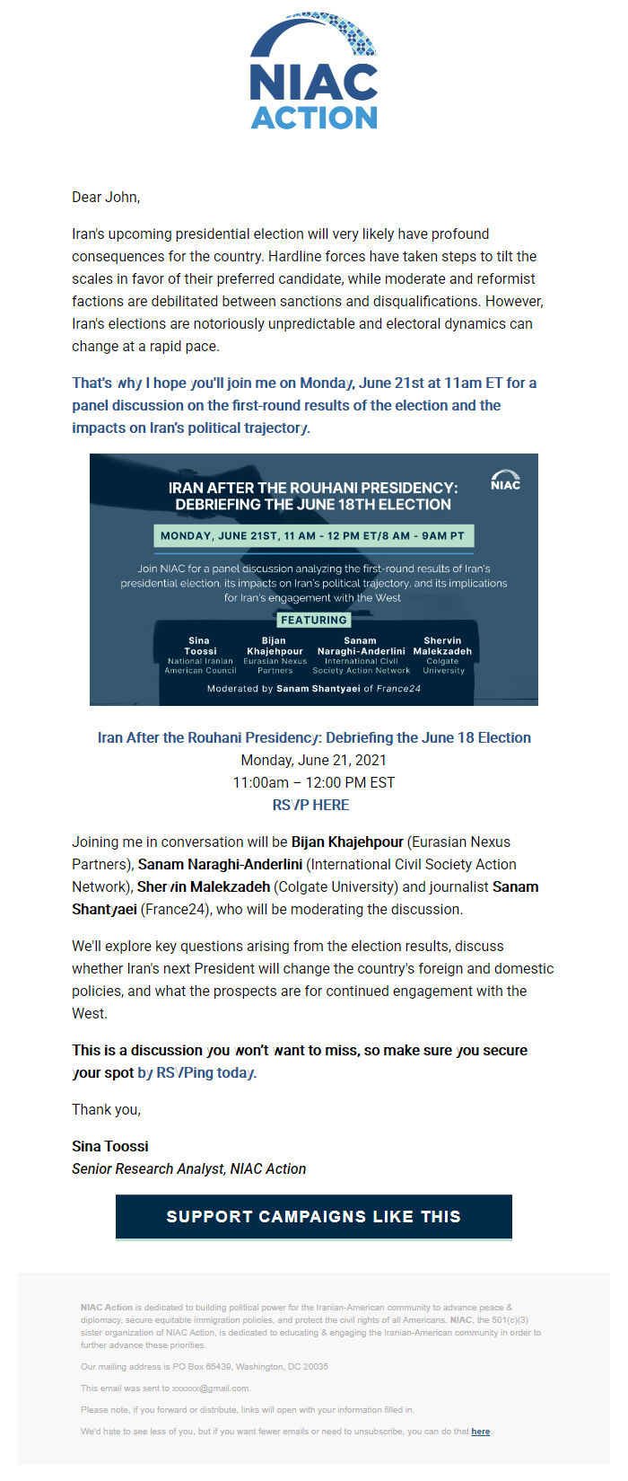 Screenshot of the email generated on import