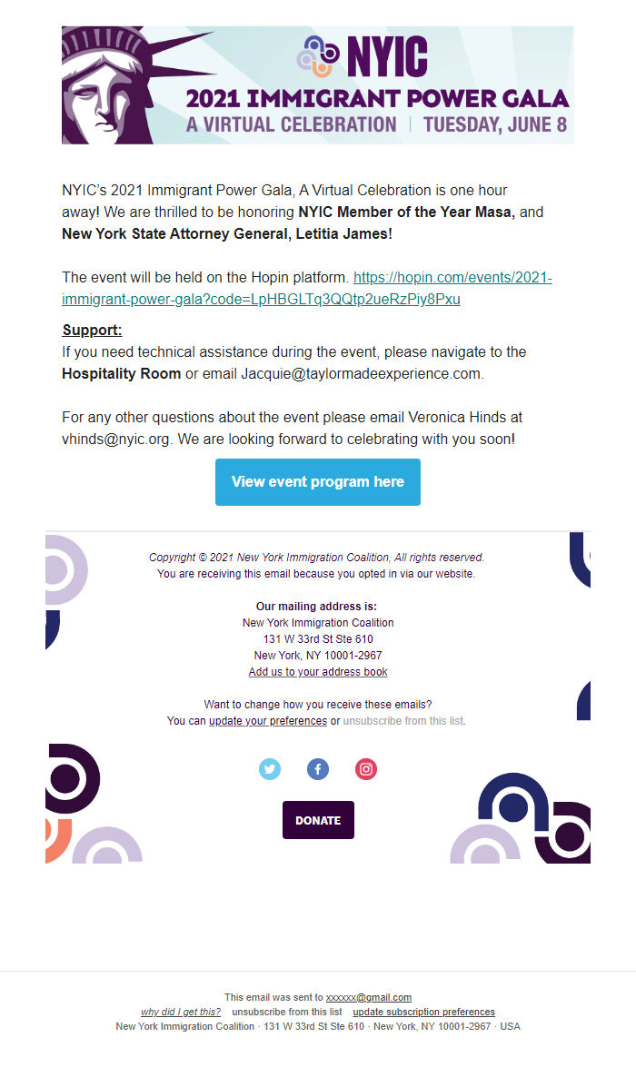 Screenshot of the email generated on import