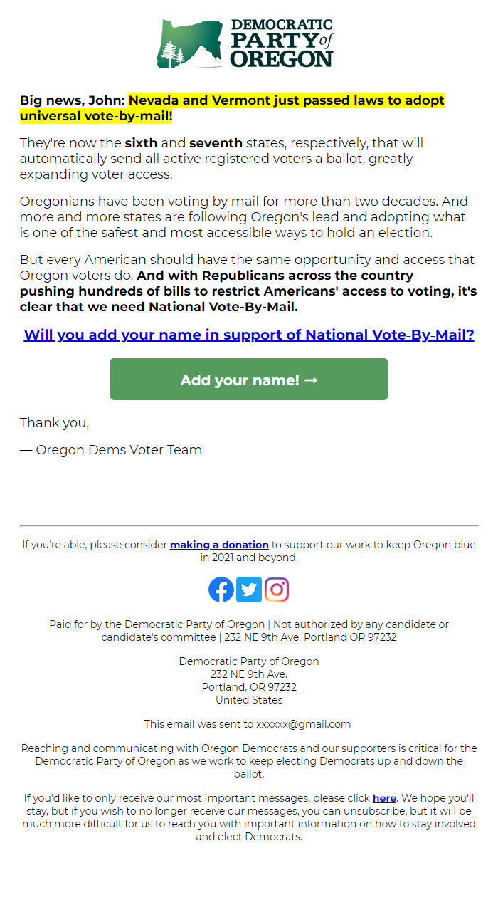 Screenshot of the email generated on import