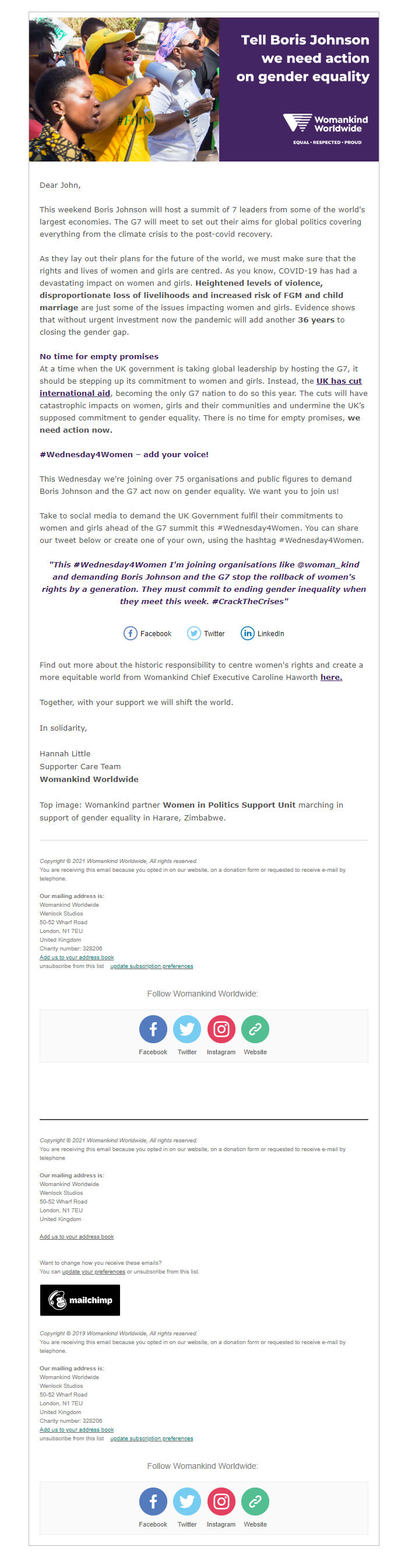 Screenshot of the email generated on import