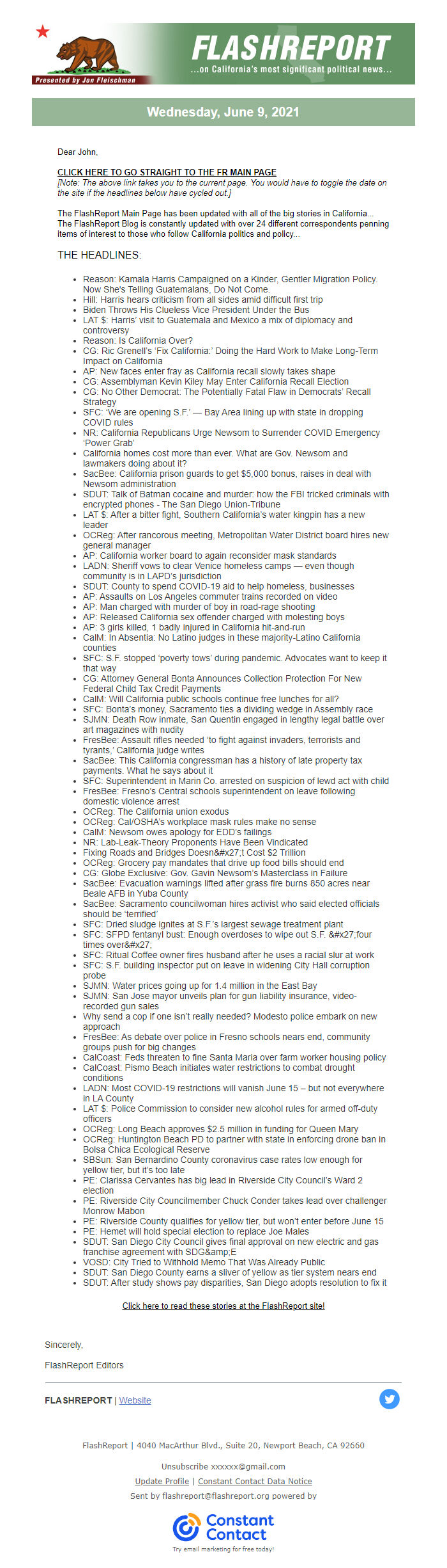 Screenshot of the email generated on import