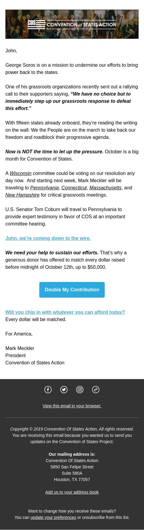 Screenshot of the email generated on import