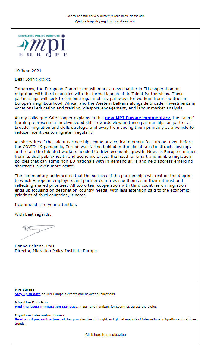 Screenshot of the email generated on import