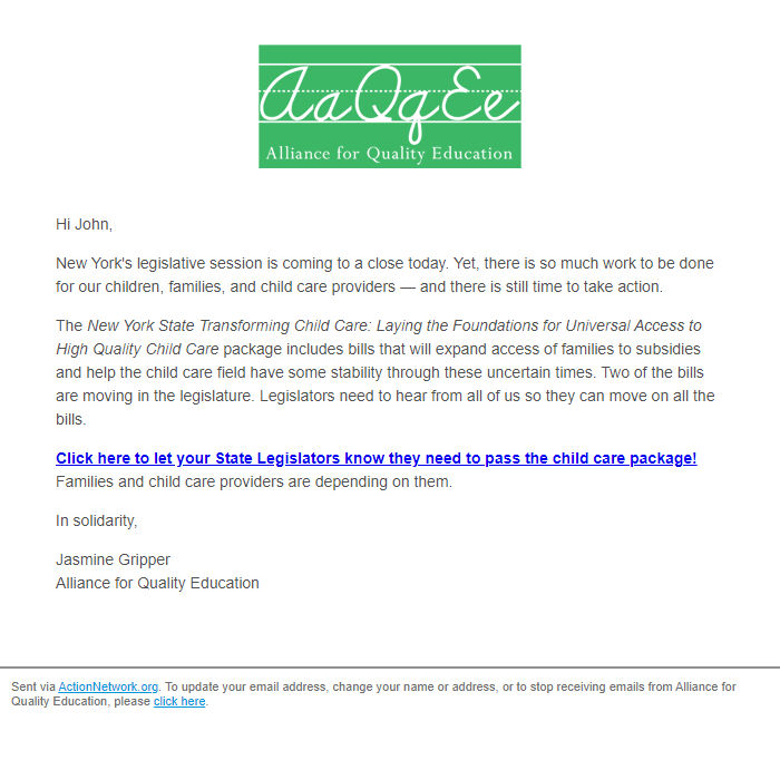 Screenshot of the email generated on import