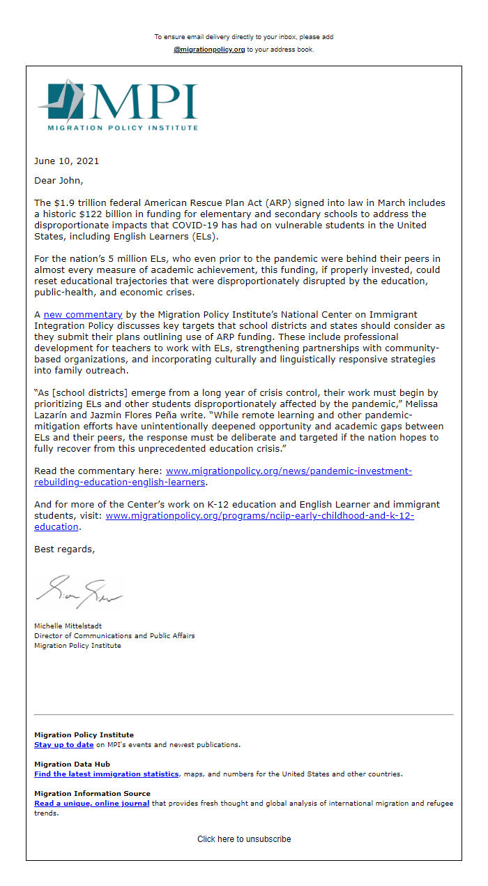 Screenshot of the email generated on import