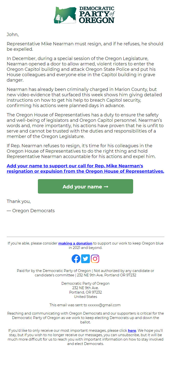 Screenshot of the email generated on import