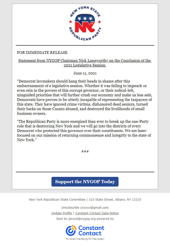 Screenshot of the email generated on import