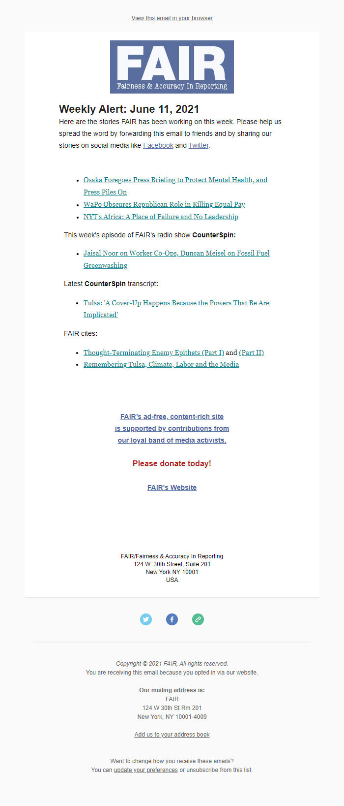 Screenshot of the email generated on import