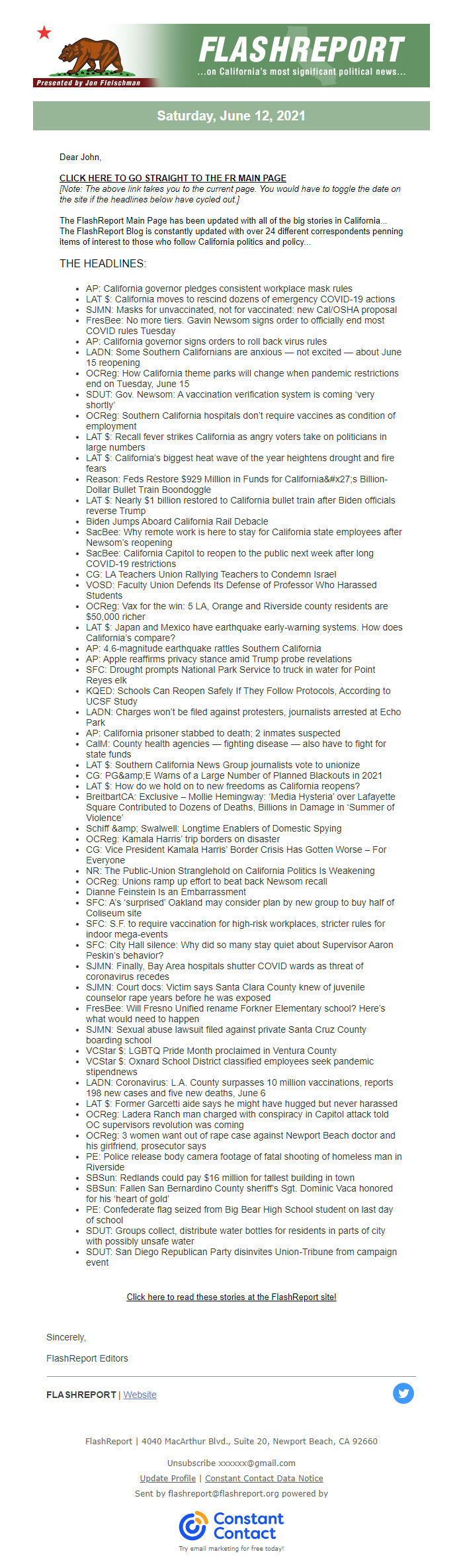 Screenshot of the email generated on import