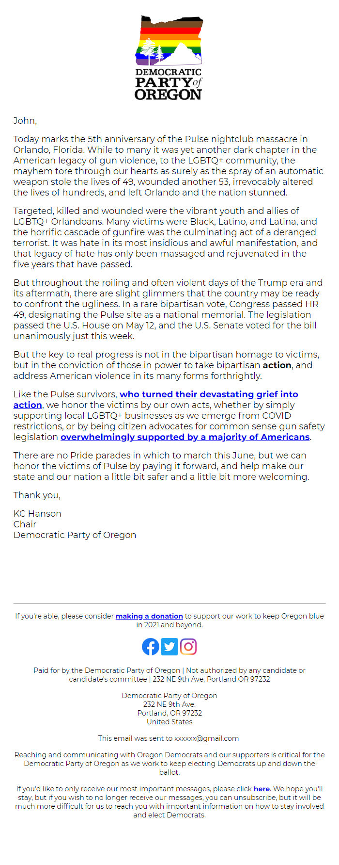 Screenshot of the email generated on import