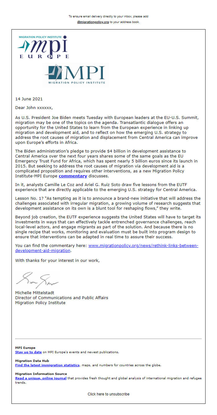 Screenshot of the email generated on import