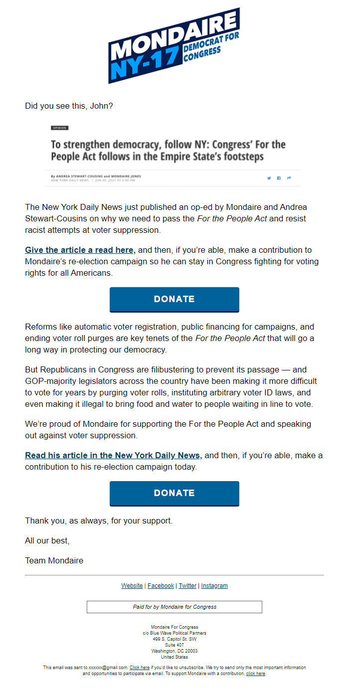 Screenshot of the email generated on import
