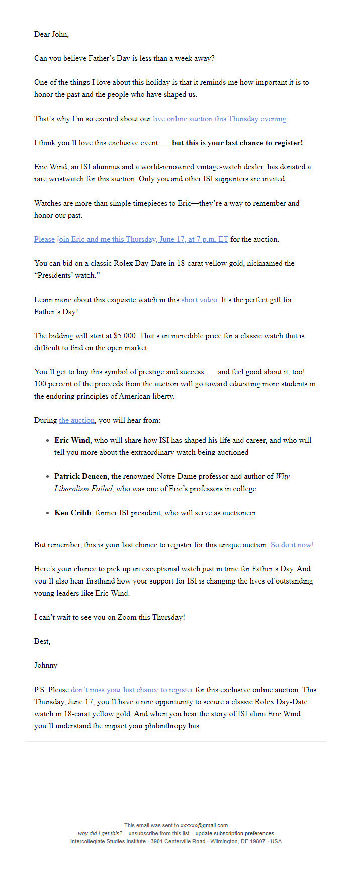 Screenshot of the email generated on import