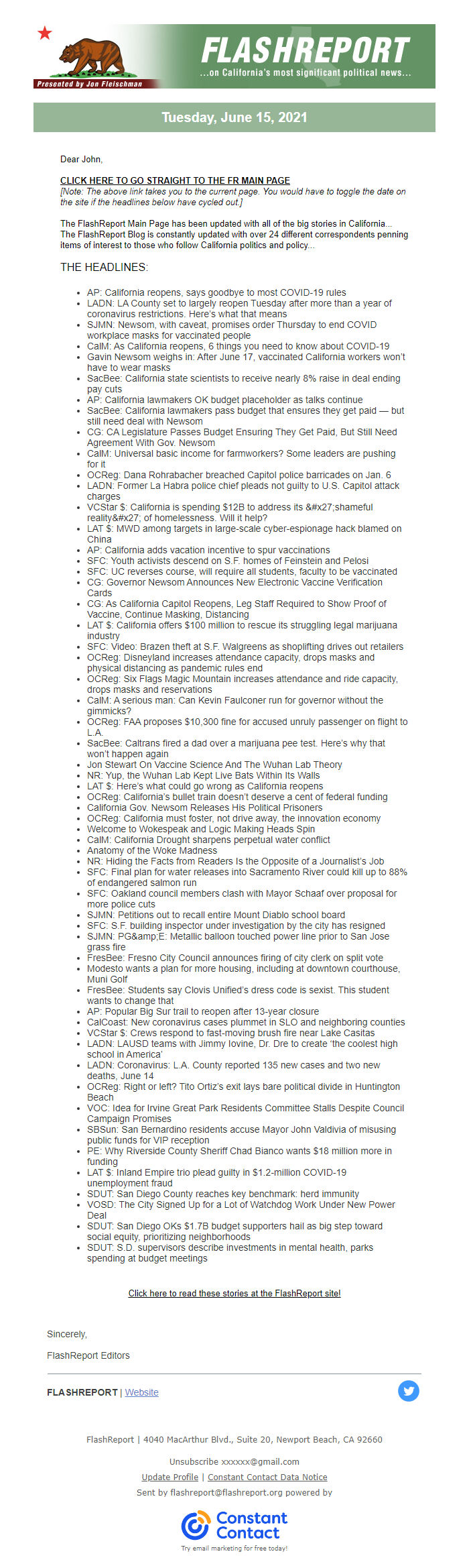 Screenshot of the email generated on import