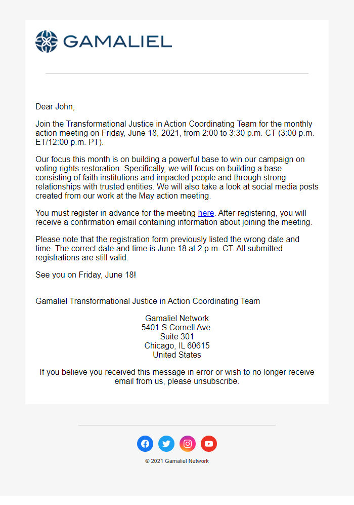 Screenshot of the email generated on import