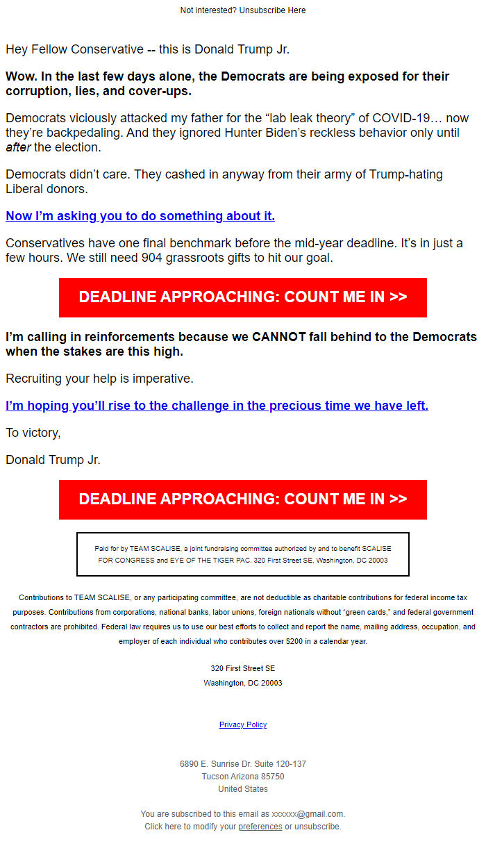 Screenshot of the email generated on import