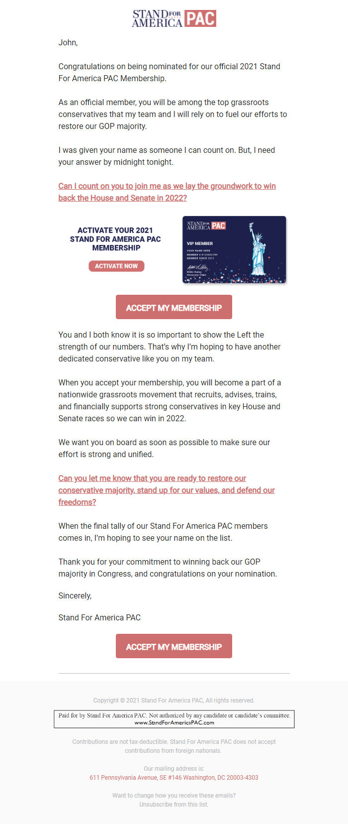 Screenshot of the email generated on import
