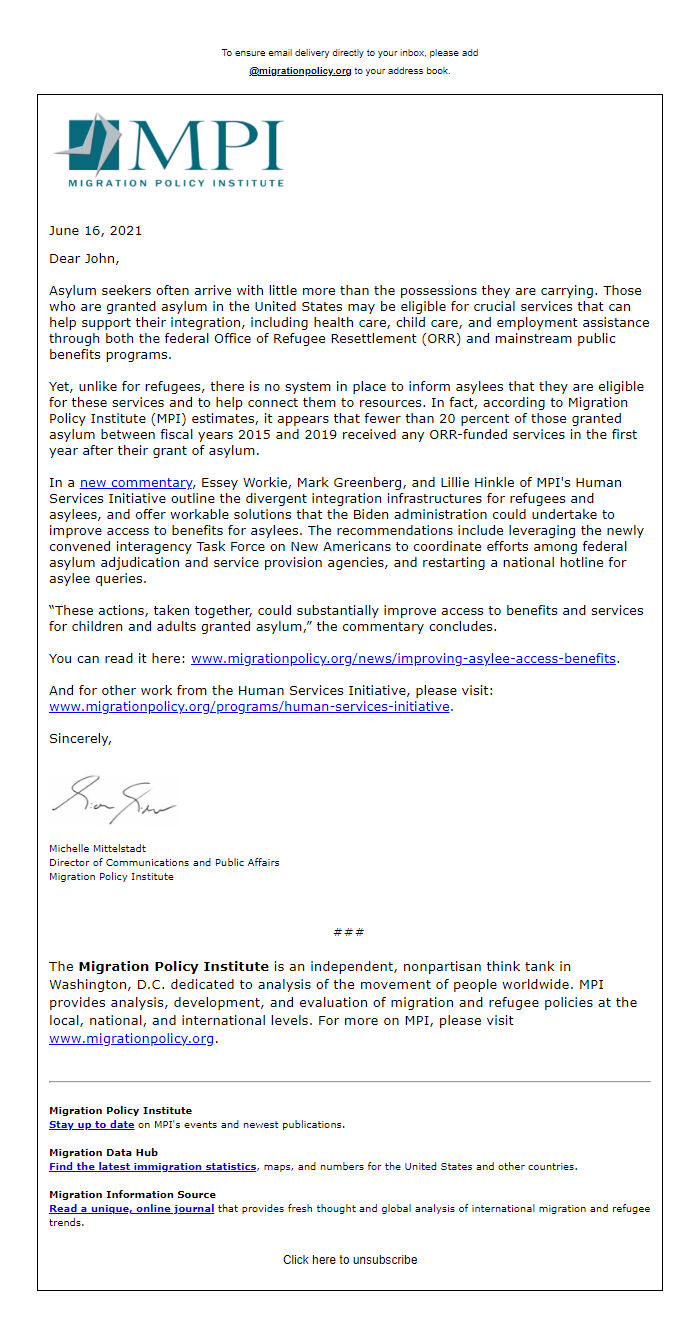Screenshot of the email generated on import