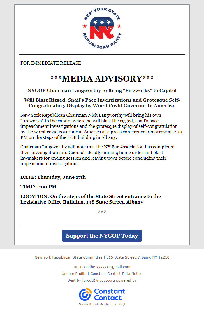 Screenshot of the email generated on import