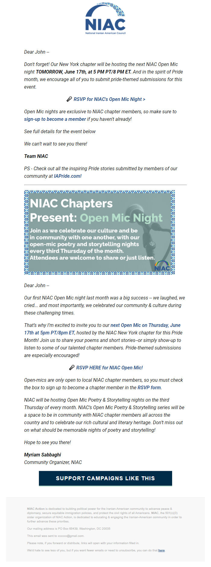 Screenshot of the email generated on import