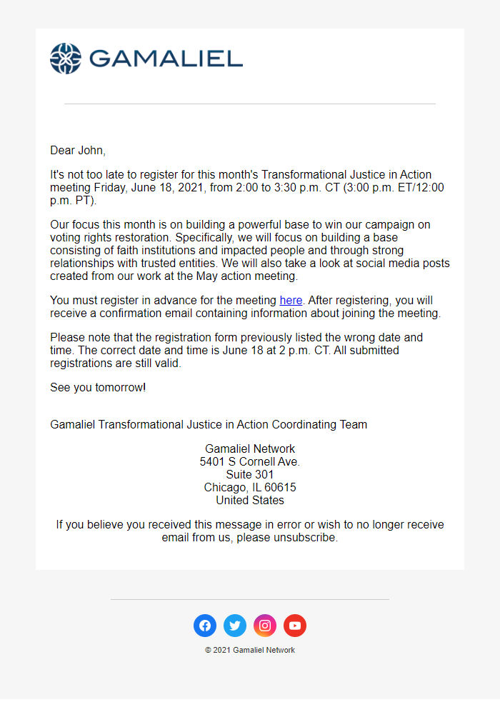 Screenshot of the email generated on import