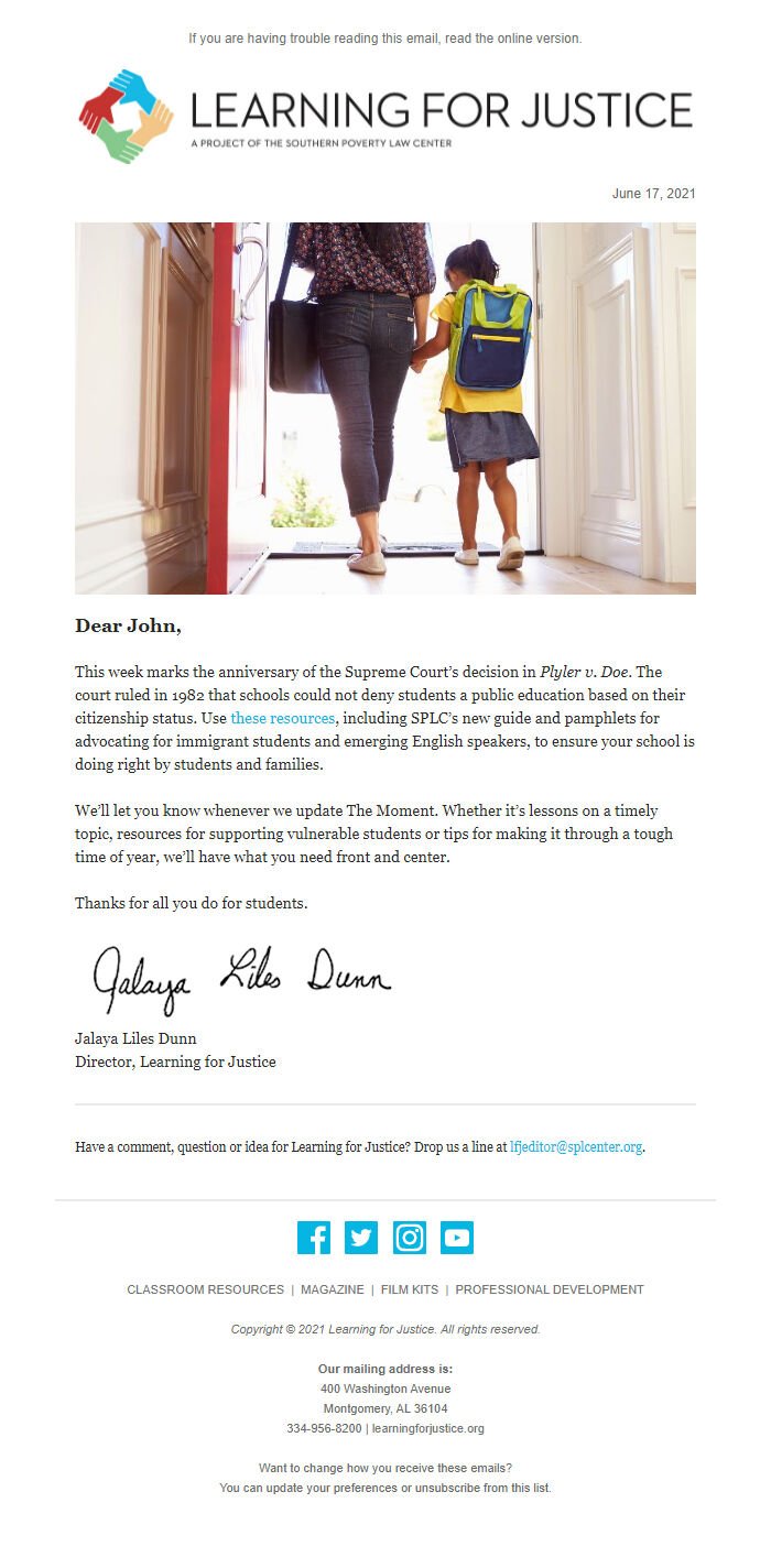 Screenshot of the email generated on import