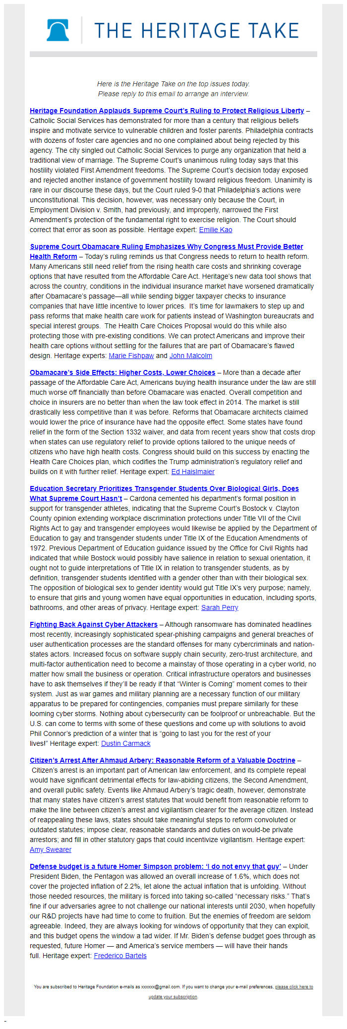 Screenshot of the email generated on import